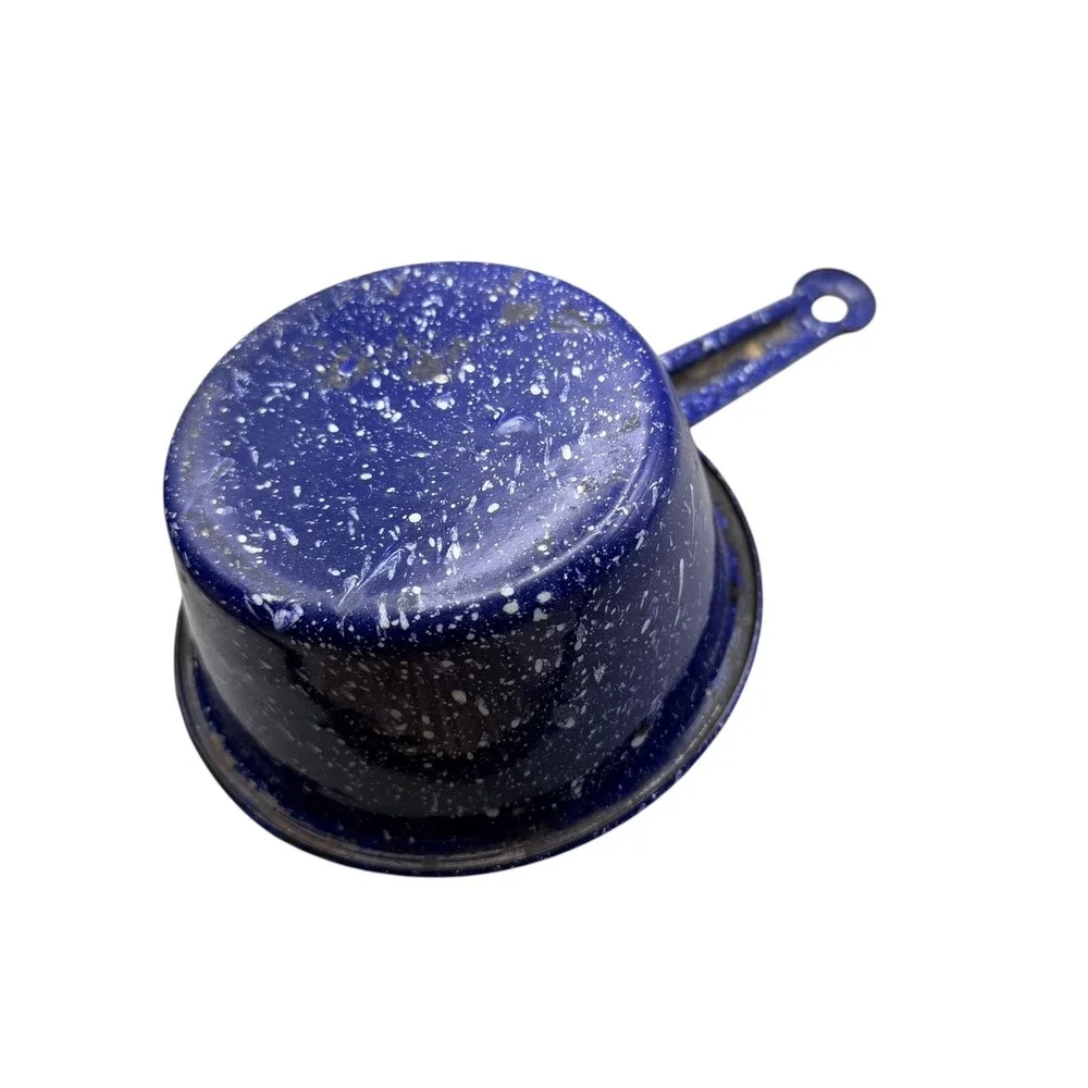 Vintage Blue Speckled Enamelware Dipper Ladle Farmhouse Graniteware Pot 6.5 Inch